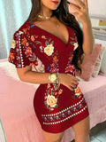 Women Elegant Dress Vintage Floral Print Ruffles Bodycon Dress for Party Cocktails Casual Mini Dress Vacation