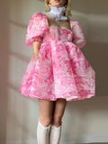 Square Neck Pleated A-Line Dress Spring Summer Short Sleeve Loose Floral Print Dress Women Elegant Puff Sleeve Party