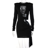 2022 Fashion Hollow Out Long Sleeve Shoulder Pads Bodycon Short Mini Dress Female Sexy O-neck Bandage Black Party