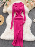 Women Korean Knitted Dress Long Sleeve V Neck Elastic Slim Pencil Dresses 2023 Autumn Sexy Bodycon Split Sweater