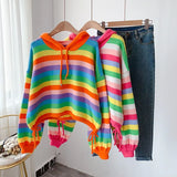 Autumn and Winter Pullover Color Sweater Sweater Women Rainbow Stripes Loose Hooded College Style Short Knit Sweater