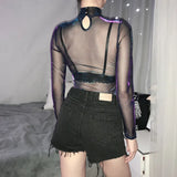 Shining Long Sleeve Bodysuit Mesh Fishnet Jumpsuit Women Goth Gothic Sexy Body Femme Shirt Top Transparent Blouse