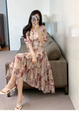 New French Vintage Midi Dresses for Women 2023 Elegant Chic Flower Printed V-neck Fashions Sweet Casual Female