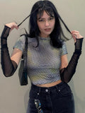 Vintage T Shirt 2022 Summer Women Plaid Crop Tops Short Sleeve Streetwear Tee Tops Korean Style Y2k Punk Tops