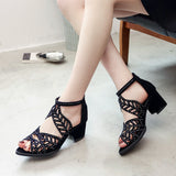 Zingj Spring And Summer Korean Version Of The Heel Fish Mouth Hollow Sandals Women Zipper Thick Heel Rhinestone Women's Shoes Plus Size- Outfit