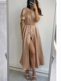 Fashion Loose Long Waist Maxi Dresses Elegant Button Party Long Dress Women Fashion O-Neck Puff Sleeve Solid A-Line