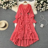 Fairy Seaside Resort Chiffon Long Dress Women's Lotus Leaf Lace V-neck Temperament Crimped Waist Slim