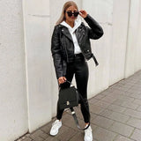 2022 Winter Coat Retro High Street Turn-down Neck Women PU Leather Jacket Short Black Faux Leather Jacket Female