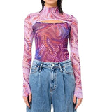 Aesthetic Women T-shirt 90s Vintage Patchwork Hollow Out Skinny Long Sleeve Crop Top Autumn Streetwear E-girl Gothic