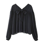 Summer Solid Shirts for Women V-neck Bow Loose Lantern Sleeve Women Blouse Casual Plus Size Office Lady Tops