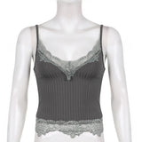 SUCHCUTE Goth Aesthetic Lace Patchwork Tank Tops For Women Sexy V-Neck Brown Retro Crop Tops Summer 90s Fashion Casual