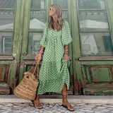 Breathable Lantern Sleeve Printing Long Dress Women Accessory Geometric Collage Plus Size Dress Strawberry