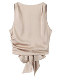Women Fashion With Bow Solid Pleated Backless Cropped Tank Tops Vintage O-Neck Sleeveless Female Chic Lady