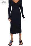 Fashion Women Long Sleeve Sweater Dress Casual Solid Color V Neck Knit Bodycon Party Dress for Beach Club