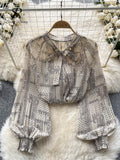 Korean Print Chiffon Shirt Bow Neck Long Sleeves Loose Leopard Top Casual Paisley Vintage Floral Blouse Spring