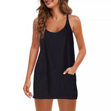 Summer Solid Sleeveless Dress Fine Shoulder Strap Vest Skirt Sports Skirt