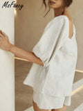 Cotton Shorts Sets Women 2022 Vintage Square Collar Puff Sleeve Tops High Waist Shorts 2 Piece Sets Womens