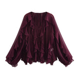 2025 New Women's V-Neck Single Buckle Long-Sleeved Cascade Decorative Shirt 10