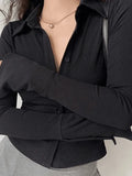 Polo Neck Long Sleeve Rib Blouse- Outfit
