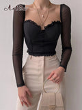 2022 Summer Frill Crop Top Fashion Back Zipper Mesh Sleeve Patchwork Corset Women Sexy Square Collar T