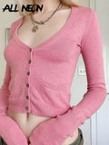 Vintage Y2K Pink Deep V Button Up Knitted Cardigans Cute 2000s Fashion Basic Long Sleeve Cropped Sweaters Slim