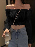 Zingj And Summer 2024 New One-Line Collar Off-Shoulder Design Top Female Student High Waist Crop Bubble Sleeve T-Shirt-Outfit