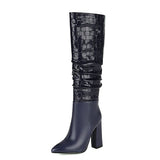 New Autumn Winter Zebra Print Women Boots Fashion Pleated Square High Heel Knee High Boots Ladies Slip On Pointed Toe
