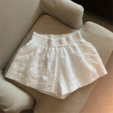 High Waist White Jacquard Shorts Women Loose Black Shorts Summer Streetwear Pockets Wide Leg Shorts For