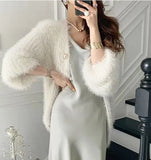 Winter Women V Neck Cardigan Knitted Mohair Sweater Coat Long Sleeve Vest Thicken Crochet