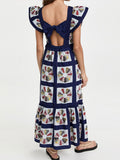 Women Retro Print Flying Sleeve Ruffles Long Dress Elegant Square Neck Back Hollow Out Bow Vestido Summer Lady Chic Holiday