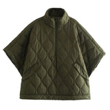 Half Zipper Loose Waterproof Cloak Type Cotton Coat Female Half Sleeve Diamond Lattice Wire Padded