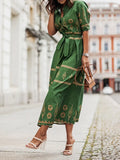 Pattern Printed Bohe Long Dress Elegant Lace-up O Neck Maxi Dresses Elegant Women Short Sleeve Summer Buttoned
