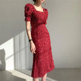 Vintage Square Collar Tassel Women Dress Elegant Short Sleeve Backless Female Mermaid Dress 2020 Party Vestidos
