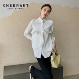 Designer White Ruffle Long Sleeve Button Up Shirt For Women Stand Collar Black Korean Fashion Top Blouse Fall