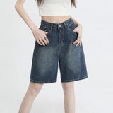 Waisted Denim Shorts Women Summer Korean Fashion Y2k Bottoms White Retro Blue Black Jeans Knee Length Female Jean