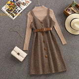 Autumn Winter Woman Long Sleeves Knitted T-shirt + Tweed Blend Plaid Dress 2 pcs sets Female Outfits Free