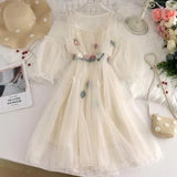 Summer Autumn Women Long A-Line Dress Sweet Floral Butterfly Lace Dress Female Short Sleeve Mesh Dress Vestidos