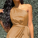 Neck Ruched Irregular Lacing Solid Satin Robe Dress Sexy Sleeveless Slit Midi Dresses Evening Party Vestidos Women