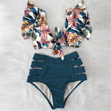Ruffled Hem Bikini Set Women Flora V-Neck High-Waisted Two Piece Swimsuit 2023 Girl Beach Bathing Suit Swimwear