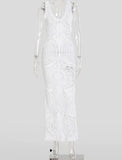 Crochet Hollow Out Knitted Slim Maxi Dress Women Sexy V-neck Backless Sleeveless Robe 2024 Summer Lady Fashion