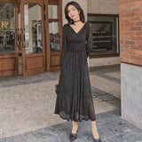 V Neck Long Maxi Dresses Women 2021 Solid High Waist Puff Sleeve Elegant Dress Sequin Party Dress Sexy Robe Femme