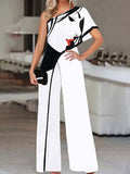 Fashion New Printed Wide Leg Pants Romper Elegant Female Loose Long Office Overall Commute Slash Neck Women Sexy