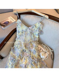 Summer Midi Dress Women Elegant Sexy Floral Sleeveless French Vintage Strap Dress Woman Fairy Bodycon Beach Party