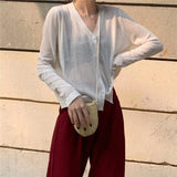 Women Korean Long Sleeve Cardigan Summer Cropped Cardigan Knitted V Neck Thin Ice Silk Blouse Sunscreen Shirt