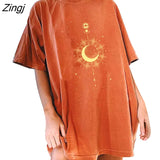 Harajuku Women Drop Shoulder T Shirt Golden Sun Moon Stars Print Long Loose Tee Shirt Femme O Neck Ladies Summer