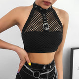 Sexy Backless Women Tank Top Sleeveless Halter Black Mesh Crop Tops Tees Shirt Cotton Fitness Harajuku Cropped