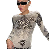 2024 Autumn New Round-Neck Long-Sleeved Head Print Micro-Permeable Casual Women's