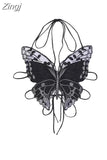 Women Lace Camisole Gothic Black Crop Top Vintage Y2k Summer Fashion Sexy Off Shoulder Bandage Chic Lace Up Butterfly Vest