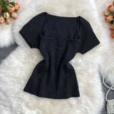 Zingj Spice Sister Wind Short T Shirt Short Sleeve Design Sense Small Square Collar Machine Dew Collarbone Crop Sweater Jacket