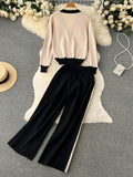 Fashion Contrast Color Patchwork Women Knit Sweater Pants Sets V-neck Knit Cardigan Top + Wide Leg Pants Two Piece